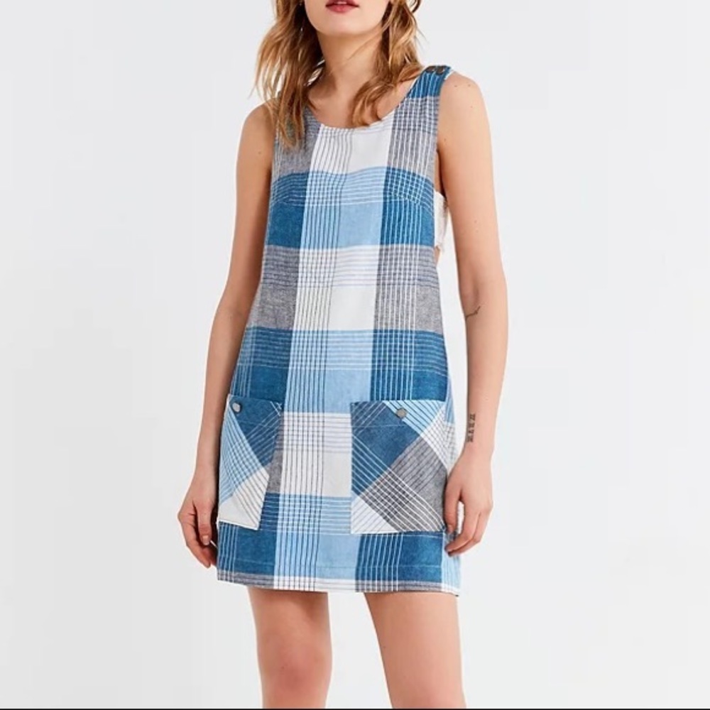 Urban Outfitters Blue Pinafore Plaid Backless Dress